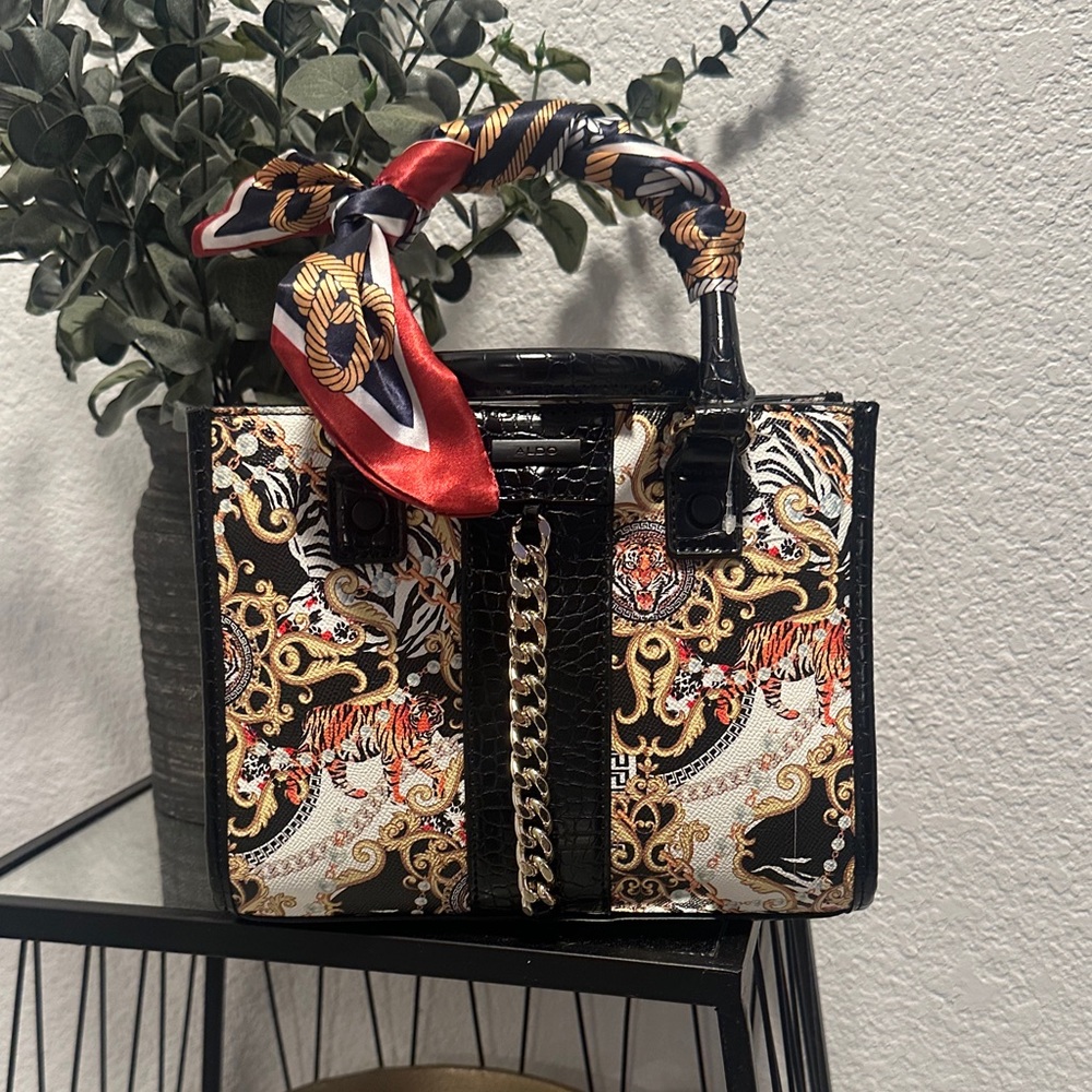 Aldo Black and Gold Mini Bag with Scarf Accent